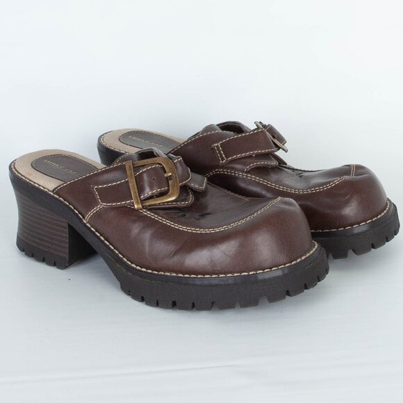 VTG Lower East Side Womens Platform Mules Size 8 Brown Y2K Chunky Heel Buckle - Picture 1 of 9